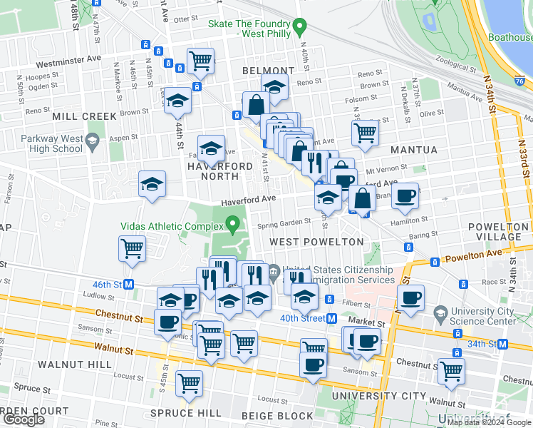 map of restaurants, bars, coffee shops, grocery stores, and more near 520 North 41st Street in Philadelphia