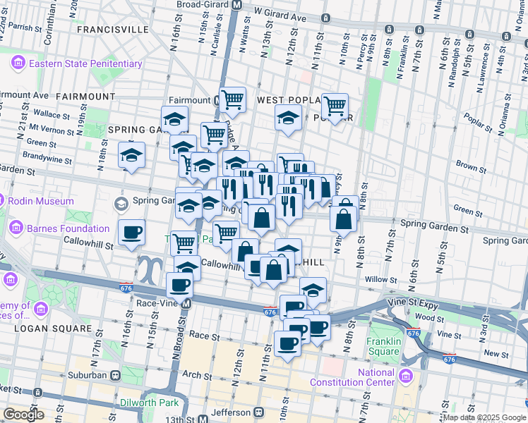 map of restaurants, bars, coffee shops, grocery stores, and more near N 12th St & Spring Garden St in Philadelphia