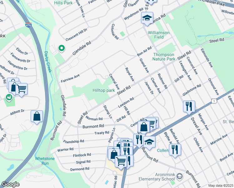 map of restaurants, bars, coffee shops, grocery stores, and more near 1301 Steel Rd in Havertown