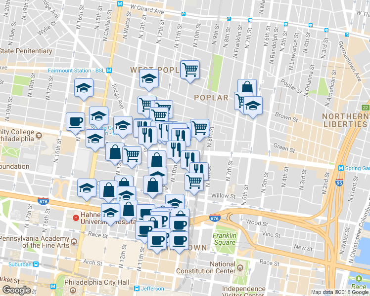 map of restaurants, bars, coffee shops, grocery stores, and more near 925 Spring Garden Street in Philadelphia
