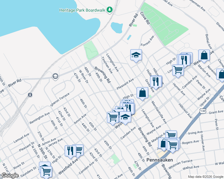 map of restaurants, bars, coffee shops, grocery stores, and more near 1714 49th Street in Pennsauken Township