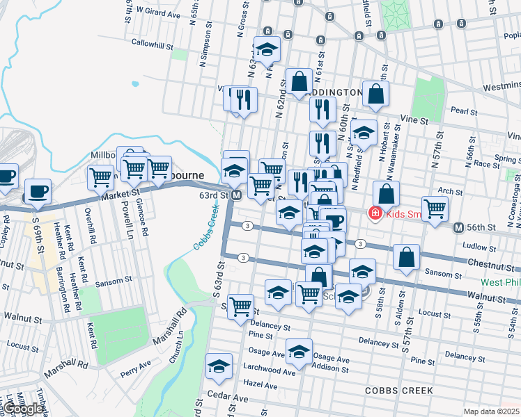 map of restaurants, bars, coffee shops, grocery stores, and more near 6203 Ludlow Street in Philadelphia