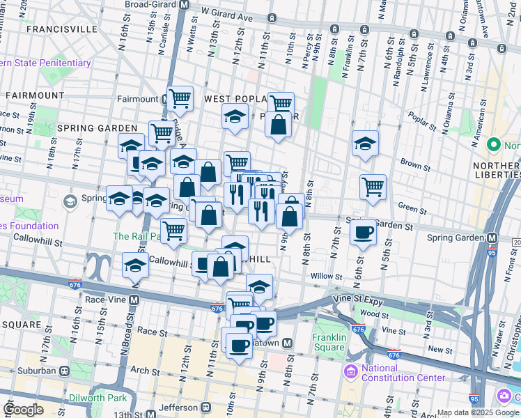map of restaurants, bars, coffee shops, grocery stores, and more near 1000 Spring Garden Street in Philadelphia