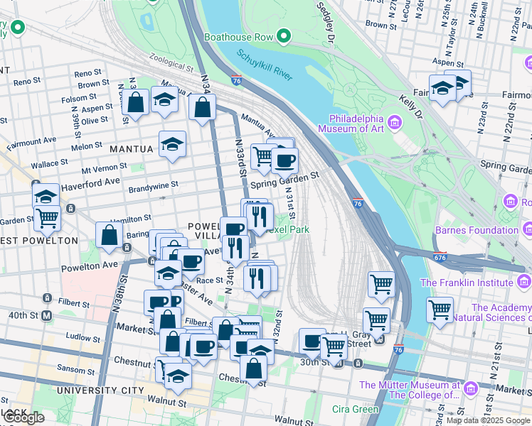 map of restaurants, bars, coffee shops, grocery stores, and more near 3201 Baring Street in Philadelphia