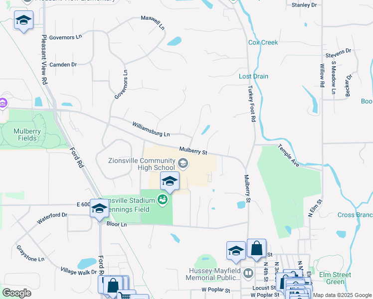 map of restaurants, bars, coffee shops, grocery stores, and more near 1000 Mulberry Street in Zionsville