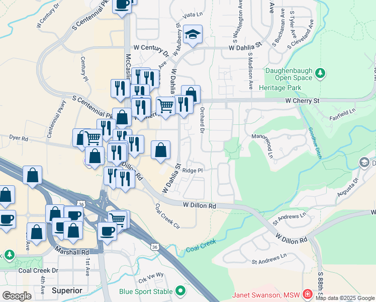 map of restaurants, bars, coffee shops, grocery stores, and more near 615 Ridgeview Drive in Louisville