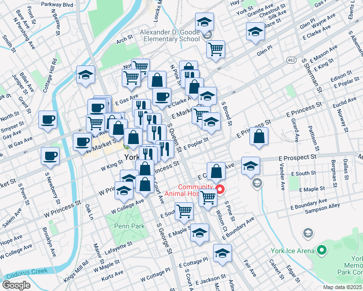 map of restaurants, bars, coffee shops, grocery stores, and more near 119 South Queen Street in York