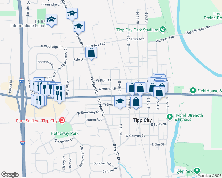 map of restaurants, bars, coffee shops, grocery stores, and more near 400 West Walnut Street in Tipp City