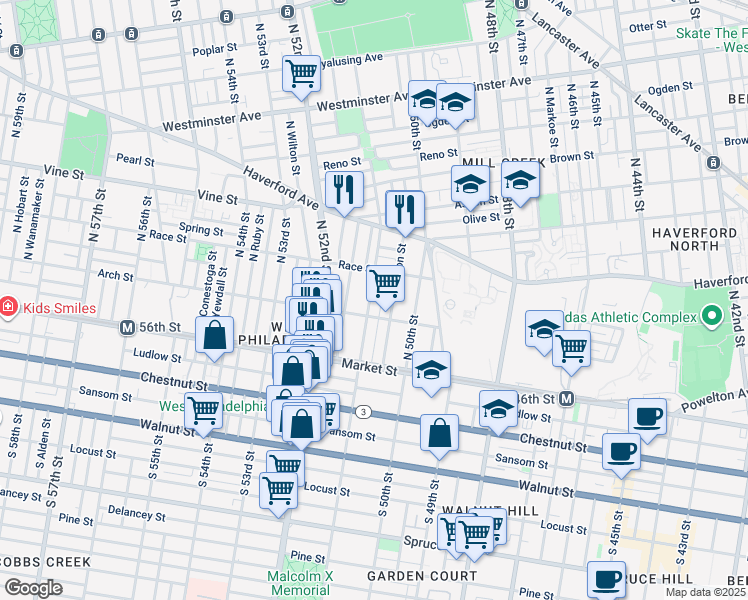 map of restaurants, bars, coffee shops, grocery stores, and more near 125 North 51st Street in Philadelphia