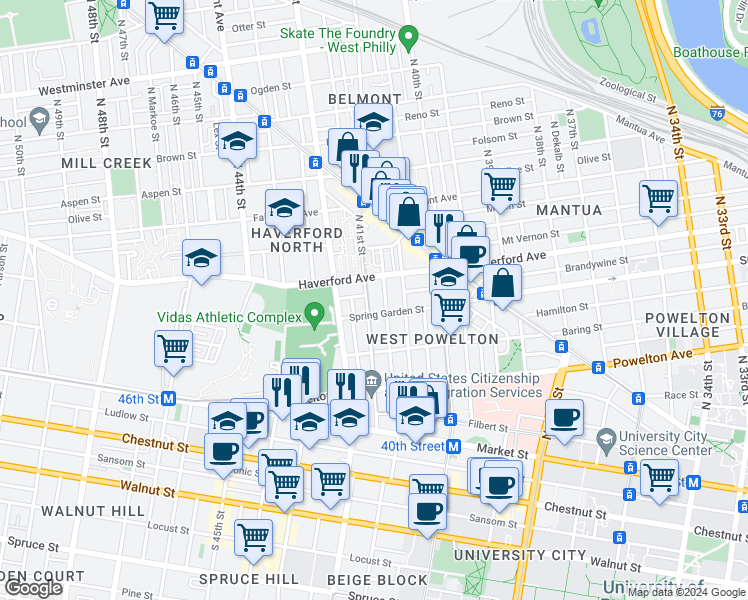 map of restaurants, bars, coffee shops, grocery stores, and more near 529 Budd Street in Philadelphia