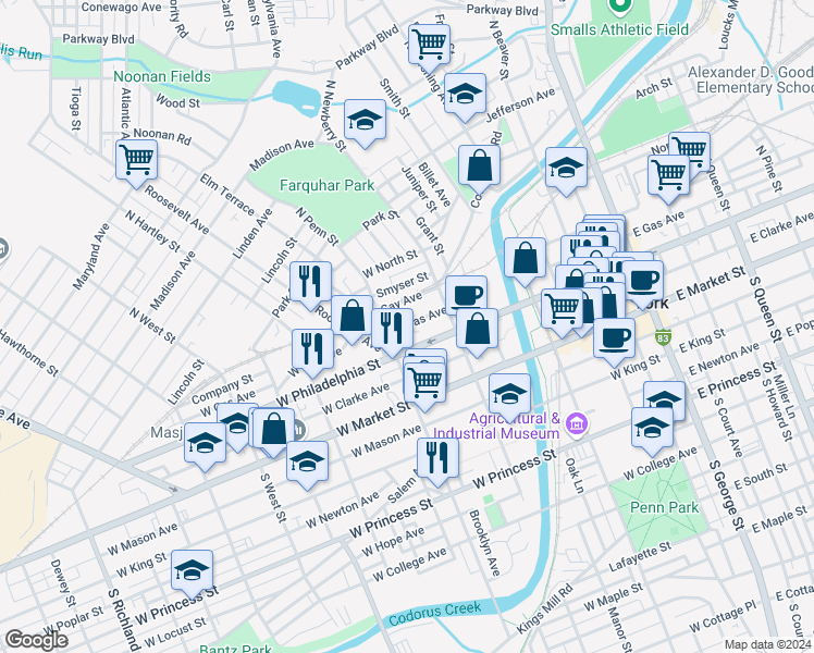 map of restaurants, bars, coffee shops, grocery stores, and more near 356 West Gas Avenue in York