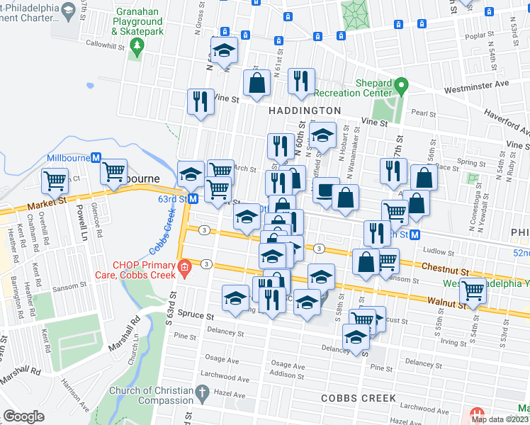 map of restaurants, bars, coffee shops, grocery stores, and more near 6042 Market Street in Philadelphia