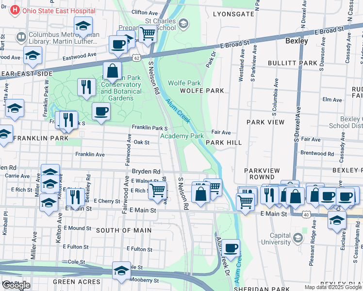map of restaurants, bars, coffee shops, grocery stores, and more near 250 South Nelson Road in Columbus