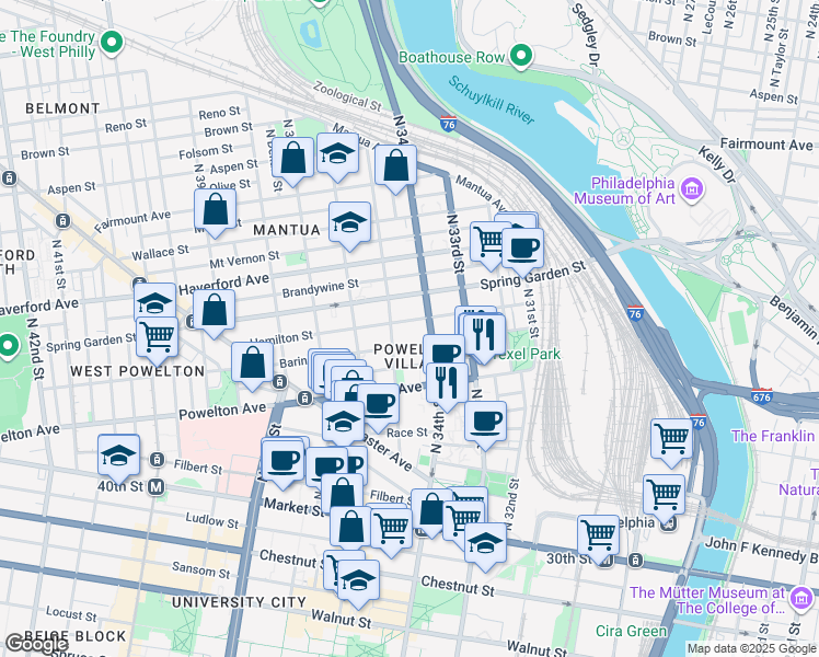 map of restaurants, bars, coffee shops, grocery stores, and more near 3410 Hamilton Street in Philadelphia