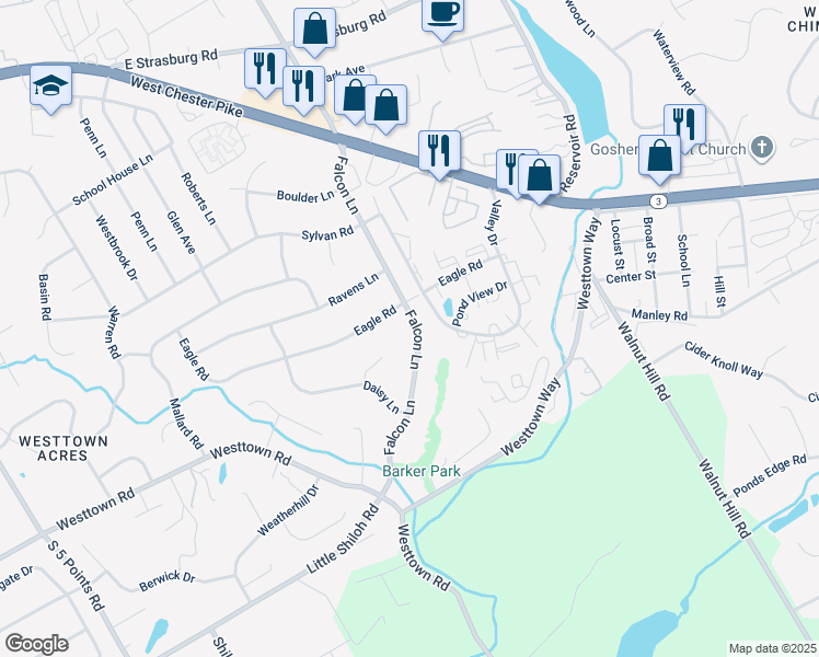 map of restaurants, bars, coffee shops, grocery stores, and more near 802 Falcon Lane in West Chester