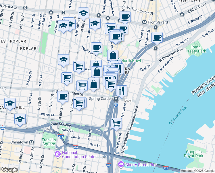 map of restaurants, bars, coffee shops, grocery stores, and more near 206 Fairmount Avenue in Philadelphia