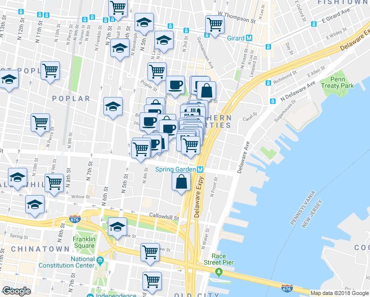 map of restaurants, bars, coffee shops, grocery stores, and more near 210 Fairmount Avenue in Philadelphia