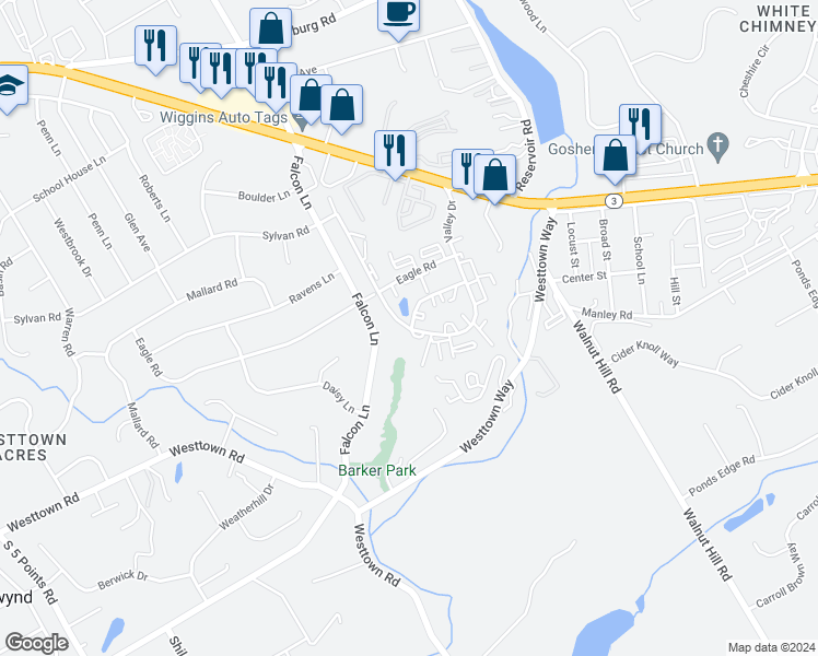 map of restaurants, bars, coffee shops, grocery stores, and more near 2142 Valley Drive in West Chester