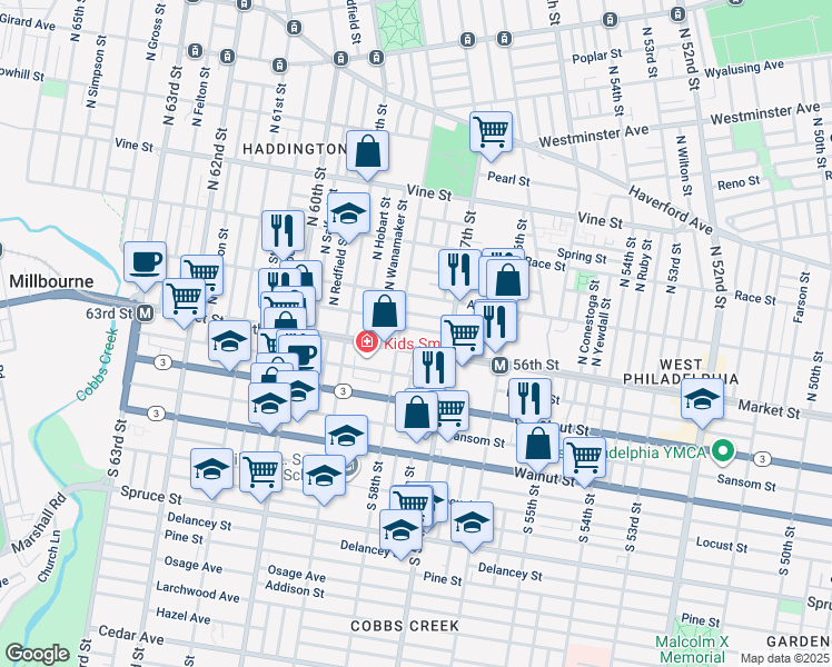 map of restaurants, bars, coffee shops, grocery stores, and more near 5744 Commerce Street in Philadelphia