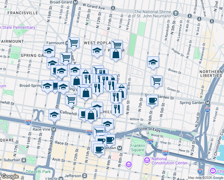 map of restaurants, bars, coffee shops, grocery stores, and more near 1000-02 Spring Garden Street in Philadelphia