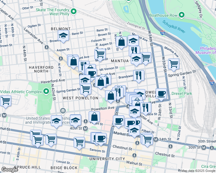 map of restaurants, bars, coffee shops, grocery stores, and more near 3836 Spring Garden Street in Philadelphia