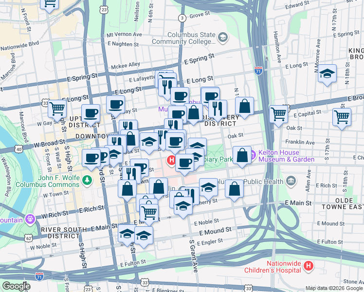 map of restaurants, bars, coffee shops, grocery stores, and more near 66C South Grant Avenue in Columbus