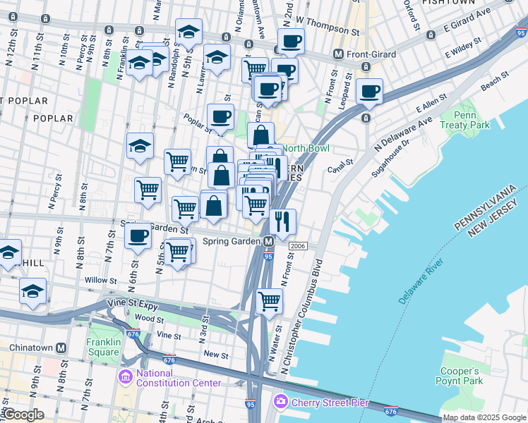 map of restaurants, bars, coffee shops, grocery stores, and more near 155 Fairmount Avenue in Philadelphia