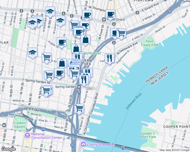 map of restaurants, bars, coffee shops, grocery stores, and more near 707 North Front Street in Philadelphia