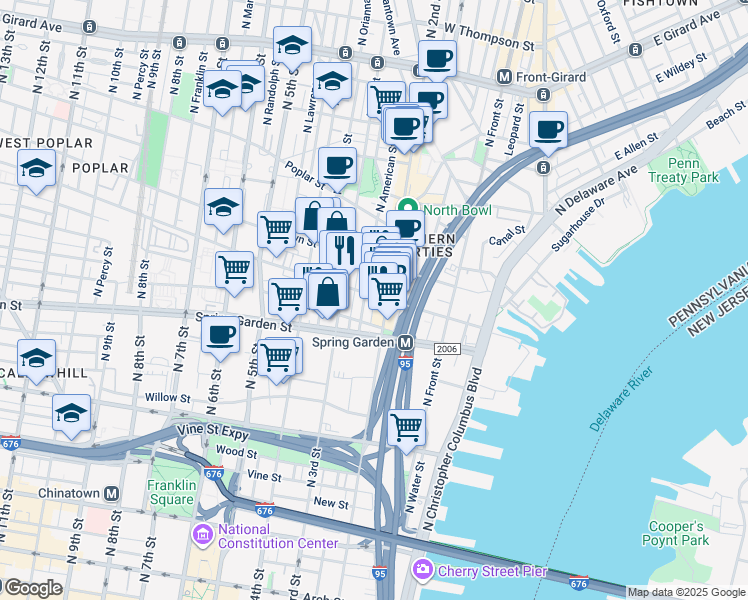 map of restaurants, bars, coffee shops, grocery stores, and more near 210 Fairmount Avenue in Philadelphia