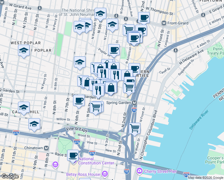 map of restaurants, bars, coffee shops, grocery stores, and more near 545 North Orianna Street in Philadelphia