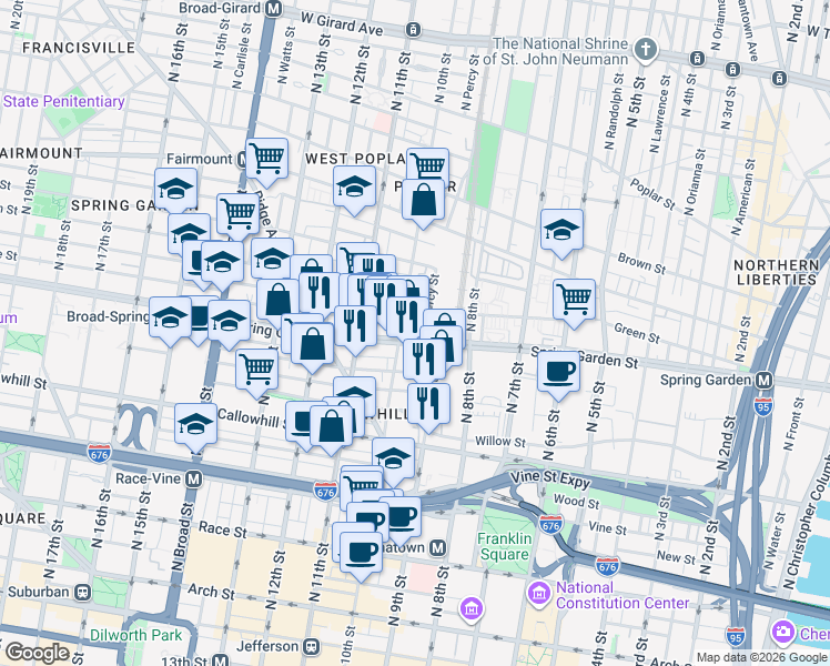 map of restaurants, bars, coffee shops, grocery stores, and more near 1000-02 Spring Garden Street in Philadelphia