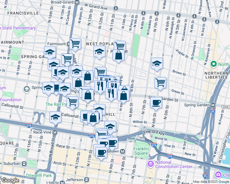 map of restaurants, bars, coffee shops, grocery stores, and more near 1000-02 Spring Garden Street in Philadelphia