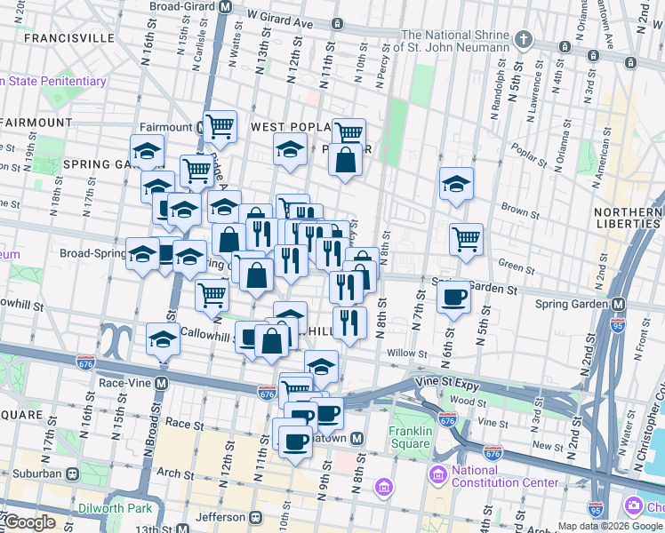 map of restaurants, bars, coffee shops, grocery stores, and more near 1000-02 Spring Garden Street in Philadelphia