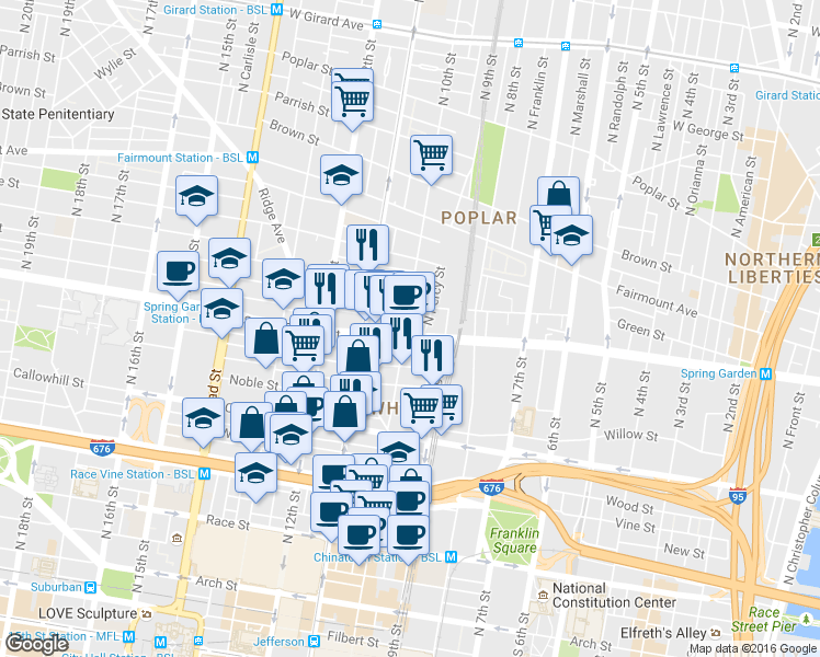 map of restaurants, bars, coffee shops, grocery stores, and more near 1000-02 Spring Garden Street in Philadelphia