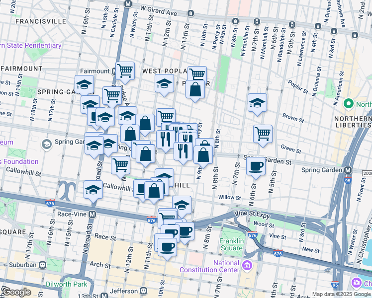 map of restaurants, bars, coffee shops, grocery stores, and more near 1000-02 Spring Garden Street in Philadelphia