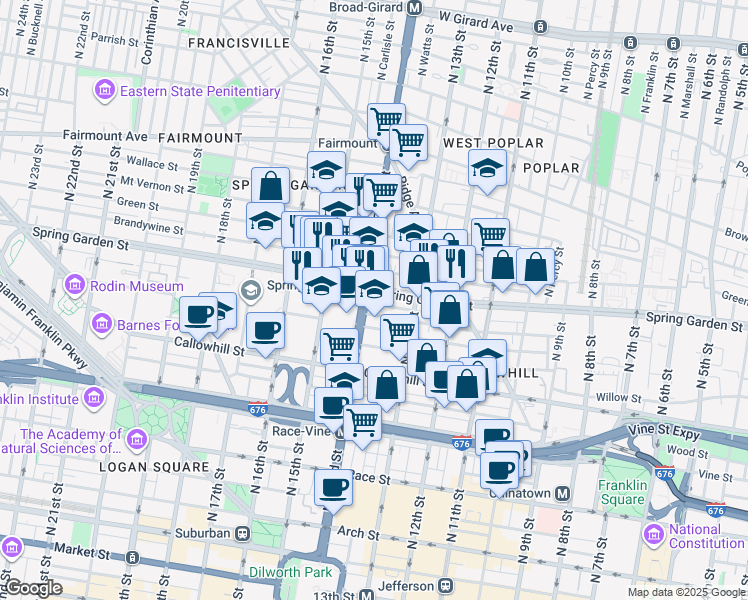 map of restaurants, bars, coffee shops, grocery stores, and more near 1327 Buttonwood Street in Philadelphia