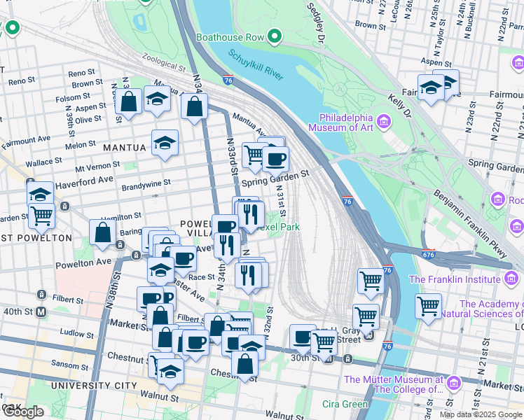 map of restaurants, bars, coffee shops, grocery stores, and more near 3214 Baring Street in Philadelphia