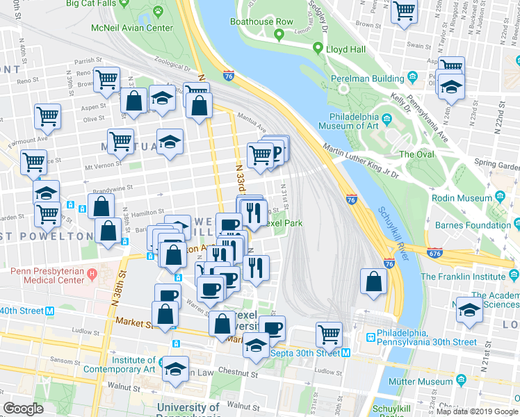 map of restaurants, bars, coffee shops, grocery stores, and more near 3214 Baring Street in Philadelphia