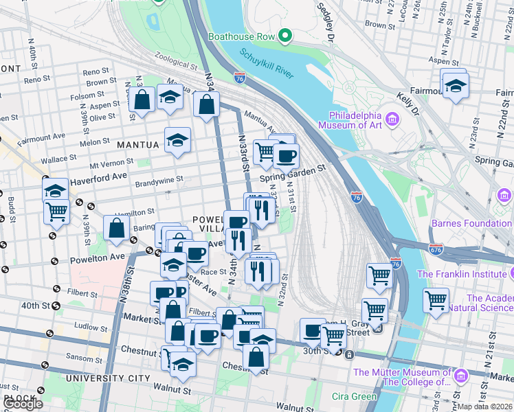 map of restaurants, bars, coffee shops, grocery stores, and more near 3214 Baring Street in Philadelphia