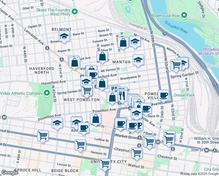 map of restaurants, bars, coffee shops, grocery stores, and more near 3827 Hamilton Street in Philadelphia