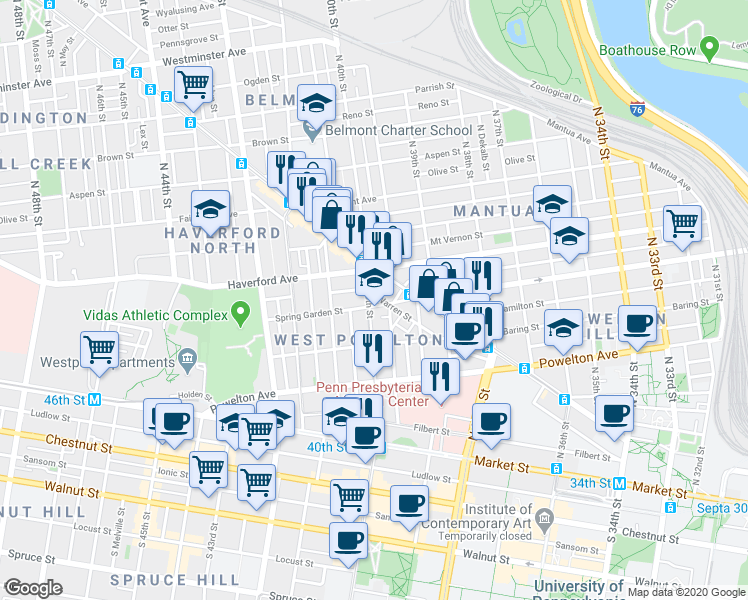 map of restaurants, bars, coffee shops, grocery stores, and more near 428 North 40th Street in Philadelphia