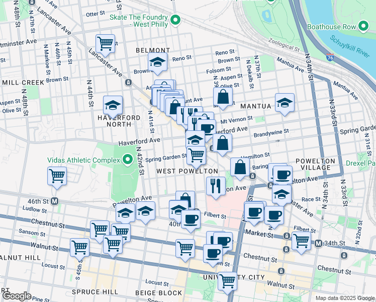 map of restaurants, bars, coffee shops, grocery stores, and more near 428 North 40th Street in Philadelphia