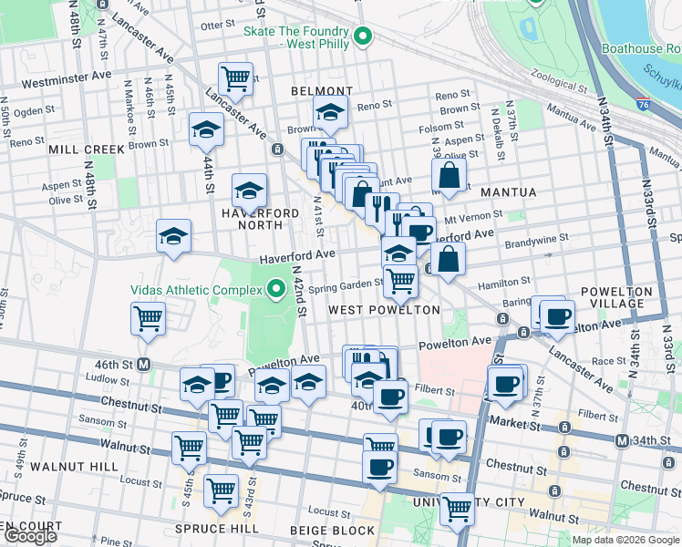 map of restaurants, bars, coffee shops, grocery stores, and more near 4047 Spring Garden Street in Philadelphia