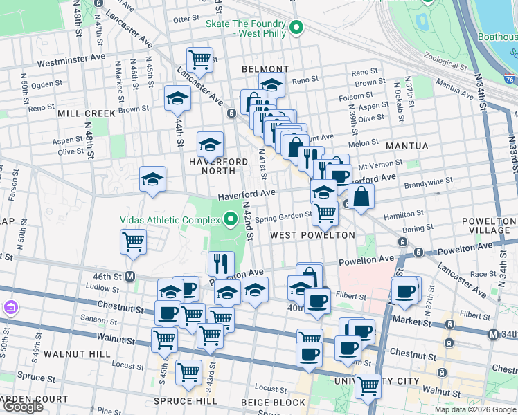 map of restaurants, bars, coffee shops, grocery stores, and more near 4101 Spring Garden Street in Philadelphia