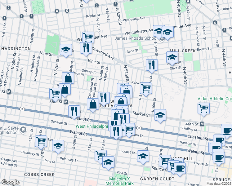map of restaurants, bars, coffee shops, grocery stores, and more near 57 North 53rd Street in Philadelphia