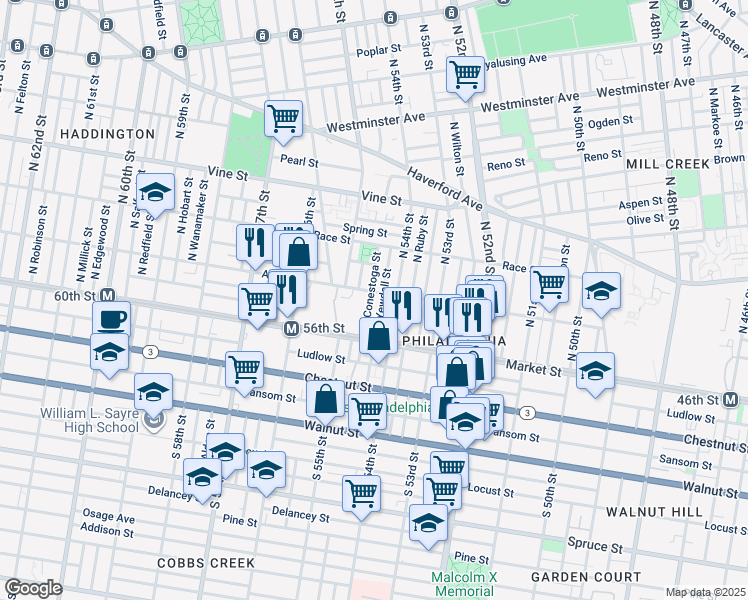 map of restaurants, bars, coffee shops, grocery stores, and more near 59 North Conestoga Street in Philadelphia