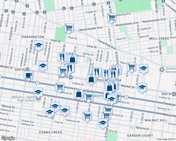 map of restaurants, bars, coffee shops, grocery stores, and more near 59 North Conestoga Street in Philadelphia