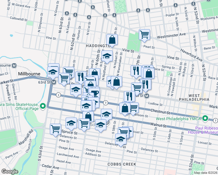 map of restaurants, bars, coffee shops, grocery stores, and more near 5854 Market Street in Philadelphia