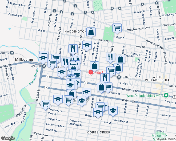 map of restaurants, bars, coffee shops, grocery stores, and more near 5854 Market Street in Philadelphia