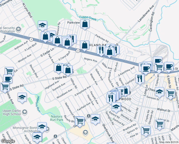 map of restaurants, bars, coffee shops, grocery stores, and more near 7218 Wayne Avenue in Delaware County